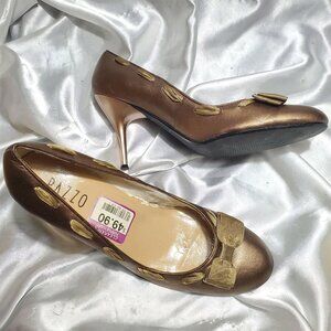PAZZO gold high heel pumps with satin ribbon accents & bows MOLLY Sz 8.5